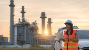 BNEW36_Female engineer is wearing a hard hat on a digital tablet with a power plant_web (1)