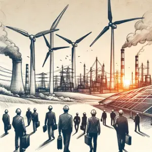 An artistic sketch depicting the evolution of the energy sector, symbolizing the workforce transition towards clean energy. Source: POWER/DALL-E