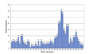 Number of nuclear reactors by age (as of 1 January 2024). Source: IAEA
