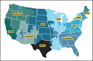 A map showing the footprints of major U.S. regional transmission organizations (RTOs) and independent system operators (ISOs), which collectively manage the bulk power system for over 200 million people. Source: FERC