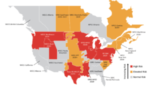 Thirteen of 23 North American assessment areas face elevated or high resource adequacy risks over the next five years, according to NERC's 2025 Long-Term Reliability Assessment released Jan. 29, 2026. High-risk regions (red) include MISO, PJM, Texas RE-ERCOT, WECC-Northwest, WECC-Basin, and SERC-Central, where planned resources would result in energy shortfalls exceeding adequacy targets. Elevated-risk areas (orange) meet baseline criteria but face potential shortfalls under extreme weather conditions. Years shown indicate when each region's highest risk level first occurs during 2026–2030. Source: NERC